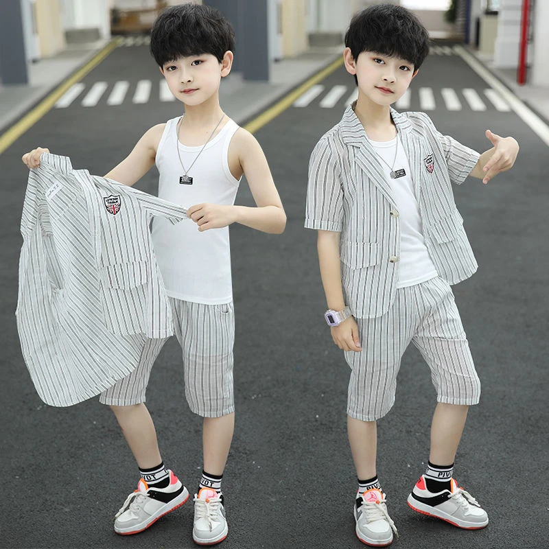 男童夏季小西服套装小童洋气条纹短袖宝宝薄款韩版帅气夏款小西装