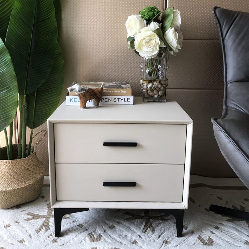 北欧轻奢全实木床头柜皮质小型迷你现代简约定制灰白色超窄床边柜