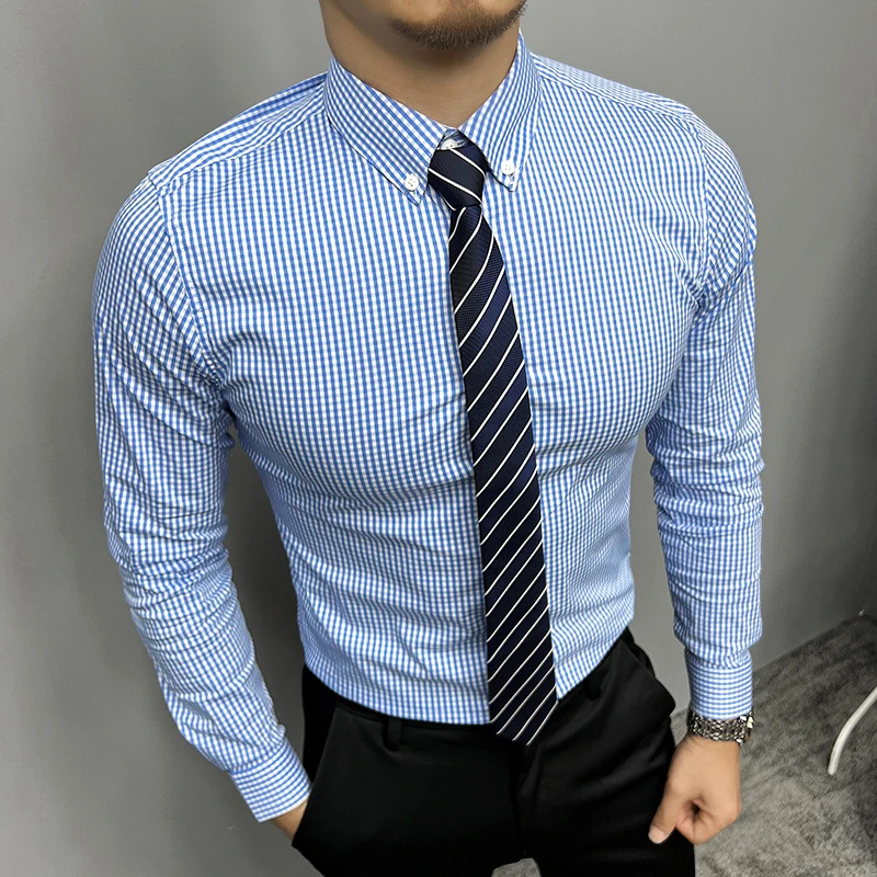 辉先生春夏季衬衫男长袖小格子休闲正装潮牌修身免烫商务衬衣男士