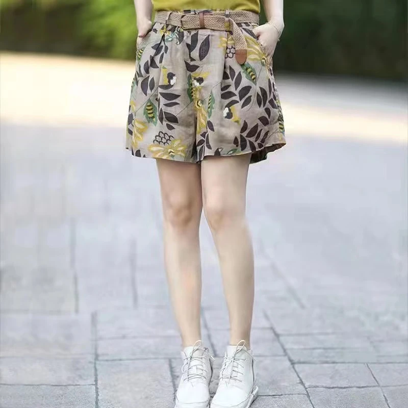 文艺复古棉麻短裤女新款大码休闲裤松紧腰女裤子韩版印花阔腿