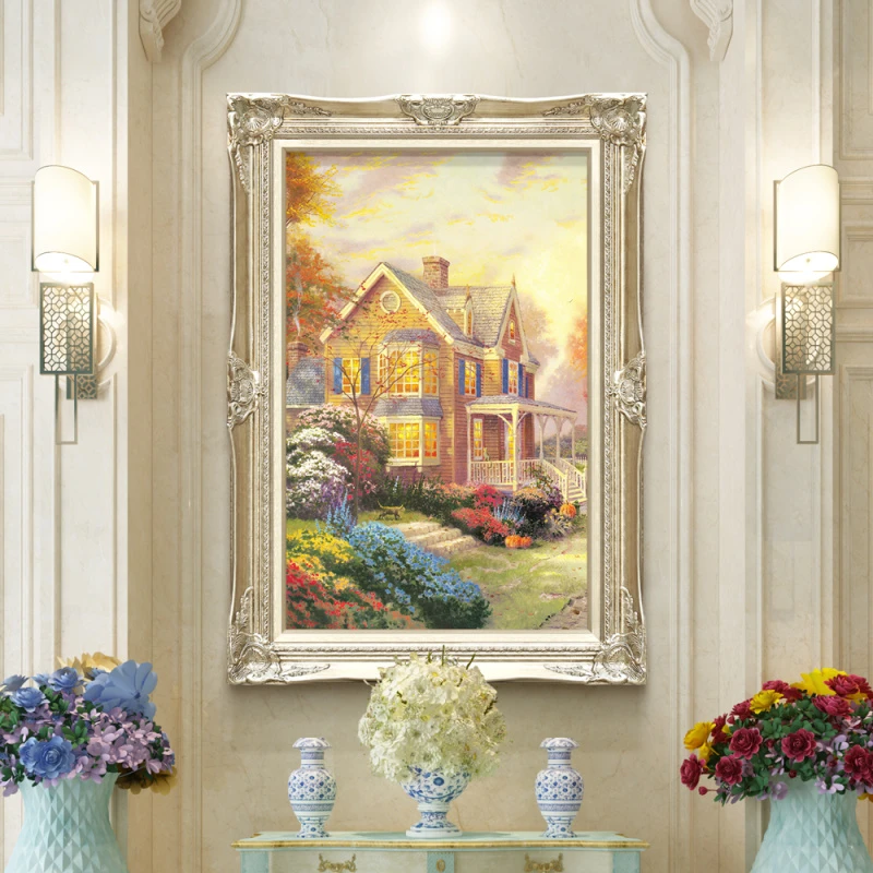 璇美玄关装饰画简欧走廊过道挂画欧式玄幻幸福家园风景书房油画