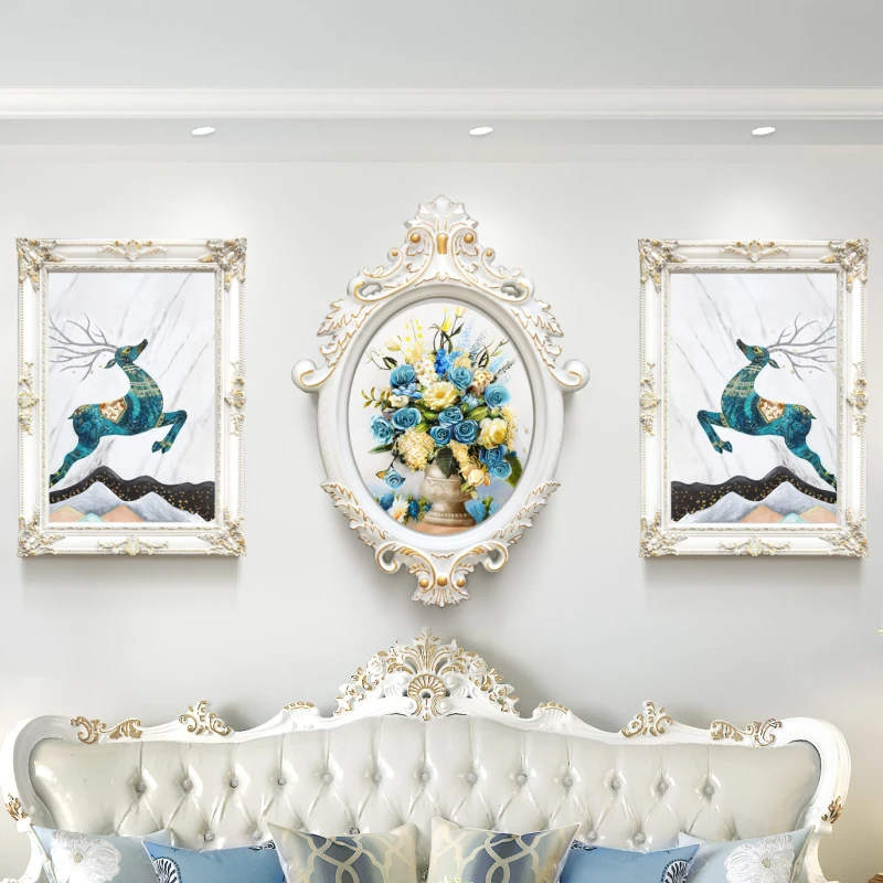 客厅装饰画沙发背景墙欧式客厅油画简欧轻奢麋鹿花卉三联壁画挂画