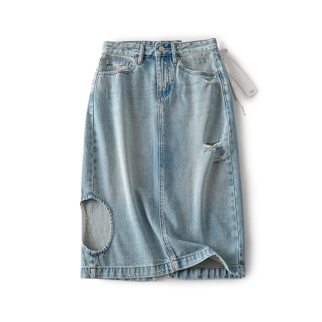 花匣子58078高腰显瘦牛仔水洗做旧中长裙开叉半身裙女夏新裙子