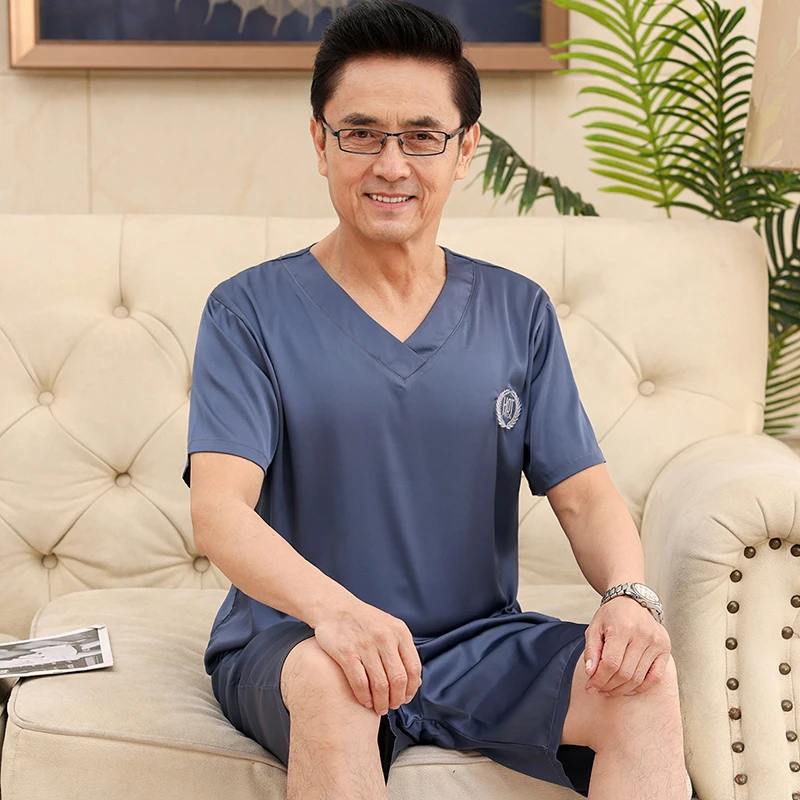睡衣男士冰丝绸短袖薄款中年爸爸老人夏季中老年人夏天家居服套装