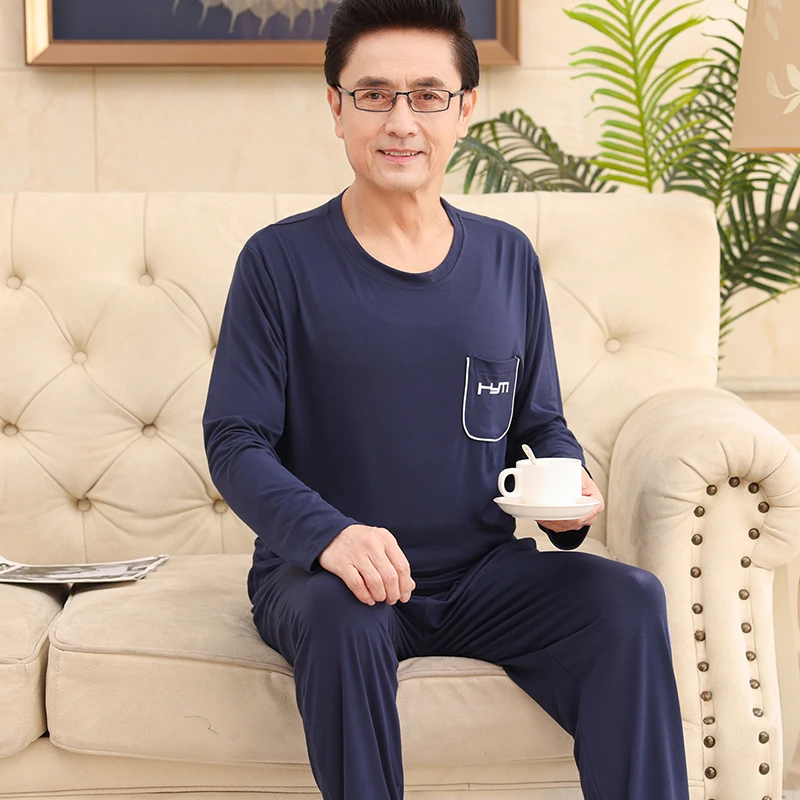 爸爸睡衣春秋季莫代尔棉长袖中老年款男士纯色大码家居服两件套装