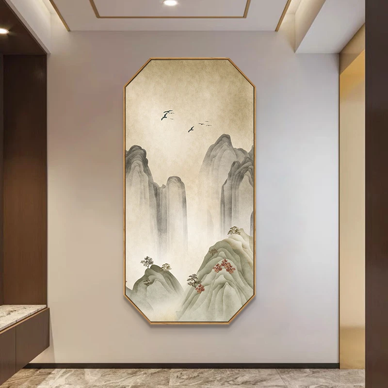 玄关装饰画竖版新中式挂画大气抽象水墨山水画茶室靠山背景墙壁画