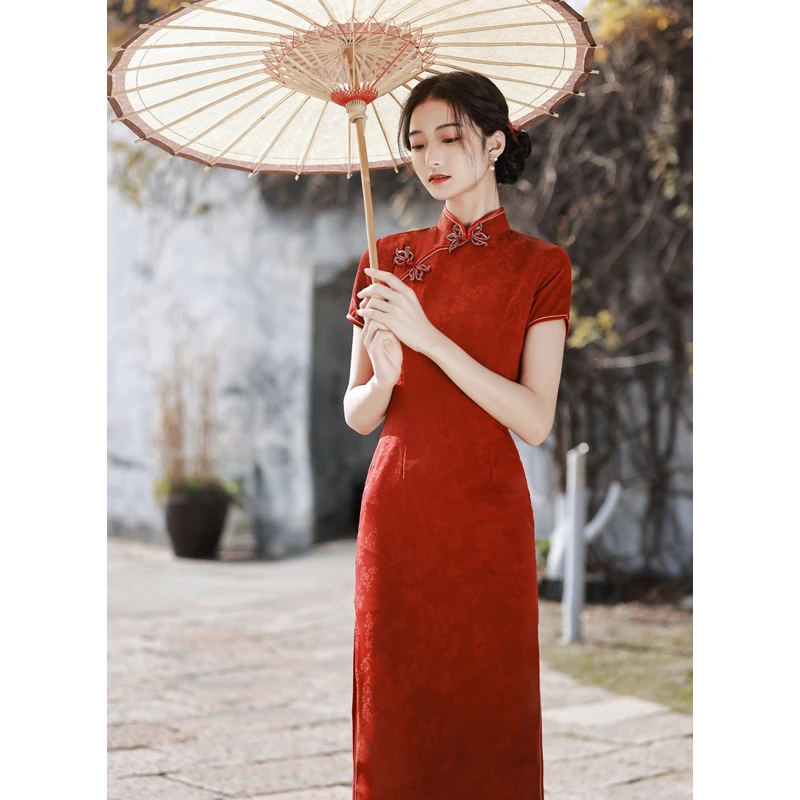 YG-965 格格旗袍红色优雅春季复古日常气质立领少女中长款连衣裙