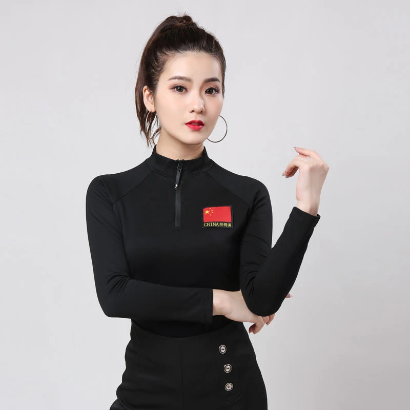 广场舞服装新款长袖上衣秋冬舞蹈练功服女拉丁舞红旗高领跳舞衣服