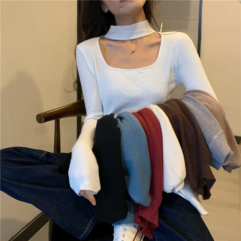 韩版设计感镂空挂脖方领性感修身针织打底衫高端轻奢精致百搭毛衣