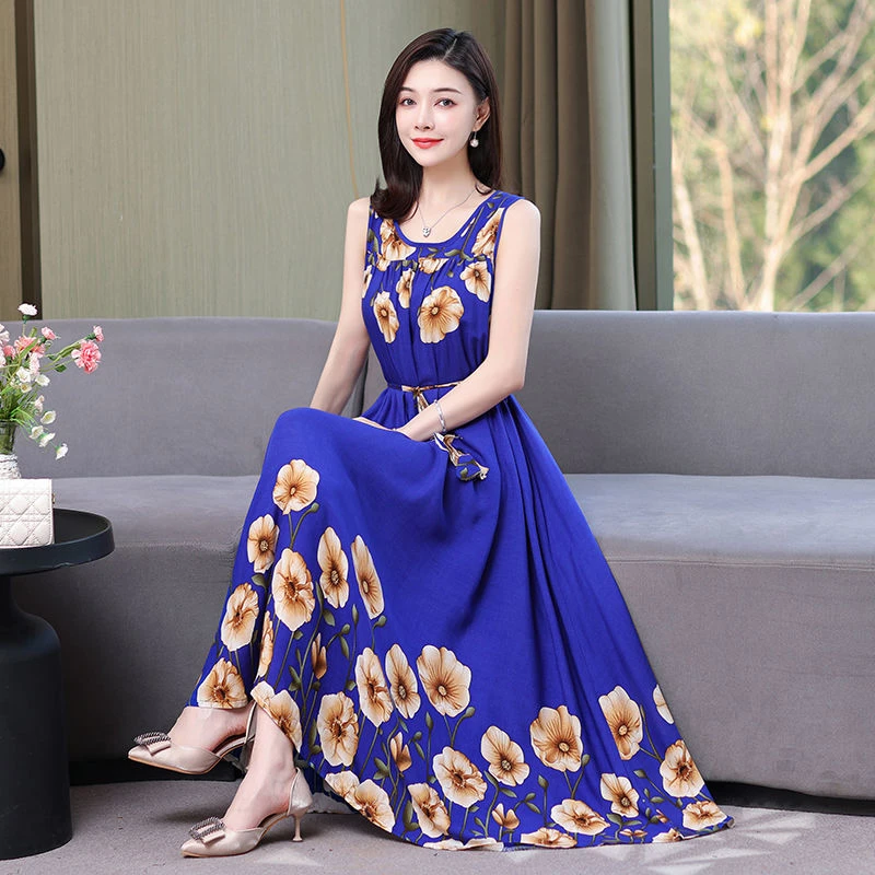雅丹妈妈夏装棉绸连衣裙中长款新款印花大摆收腰长裙女无袖背心裙