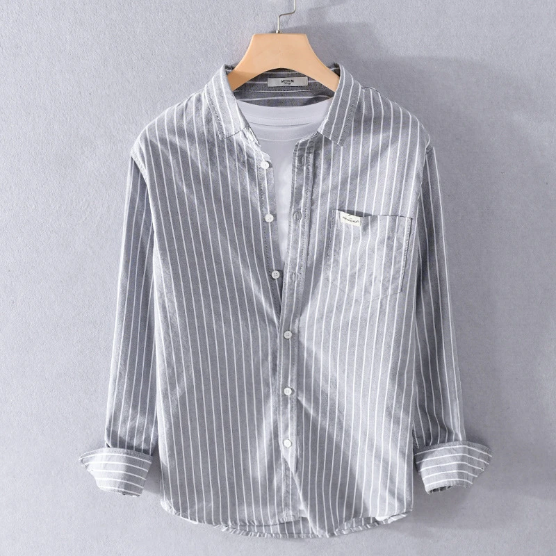 9801新款男士条纹休闲衬衫外套简约易搭文艺舒适青年内搭全棉衬衣