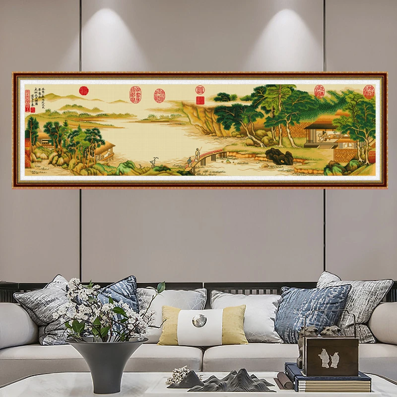 【古绢布】83192古画宋代范宽携琴访友图十字绣古绢布中格/大格