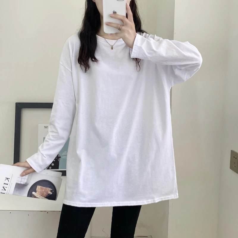 秋季新款白色纯棉净版长袖t恤女韩版ins宽松中长款纯色内搭打底衫