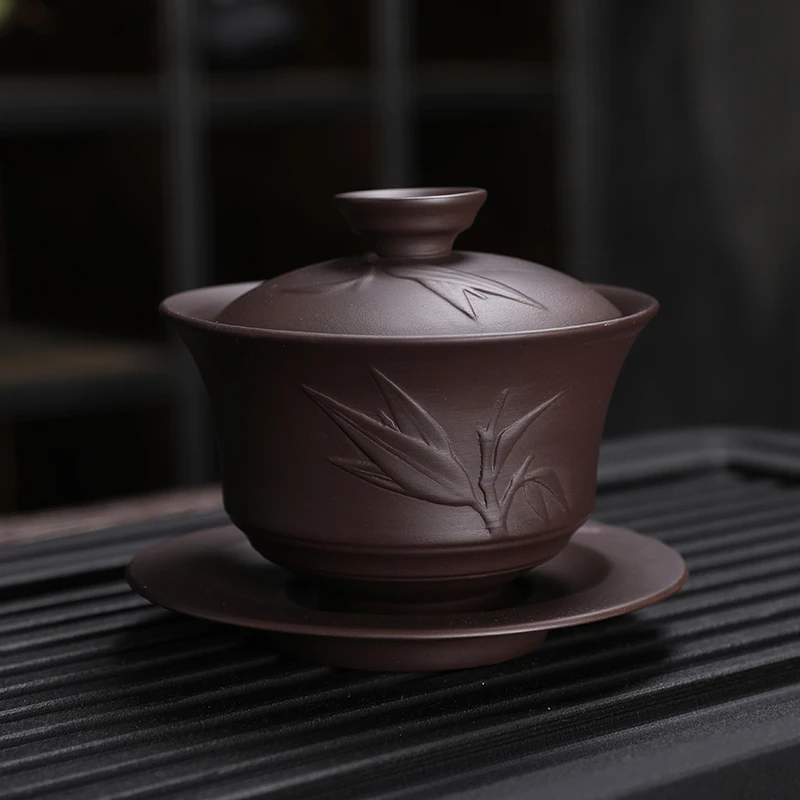 宜兴紫砂紫泥三才盖碗茶杯功夫茶具大号功夫茶碗冲茶泡茶盖碗单个