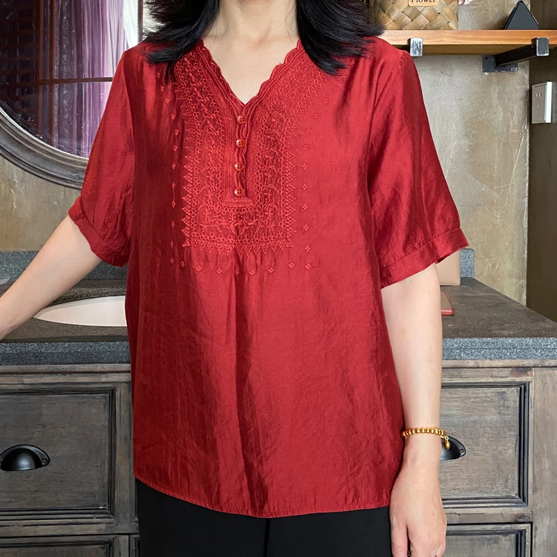 （月亮之上）宽松丝滑胖妈妈大码民族风上衣时尚妈妈小衫2667