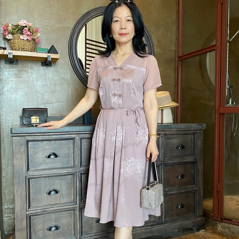 （金粉世家）浪漫温柔半透明网纱肩袖拼接气质妈妈连衣裙长裙8813