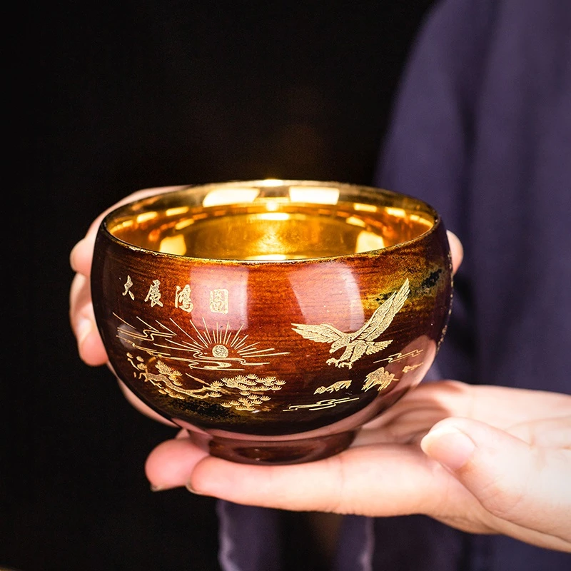 高档24K纯金鎏金茶碗茶盏 大漆手工主人杯个人专用单杯品茗心经杯