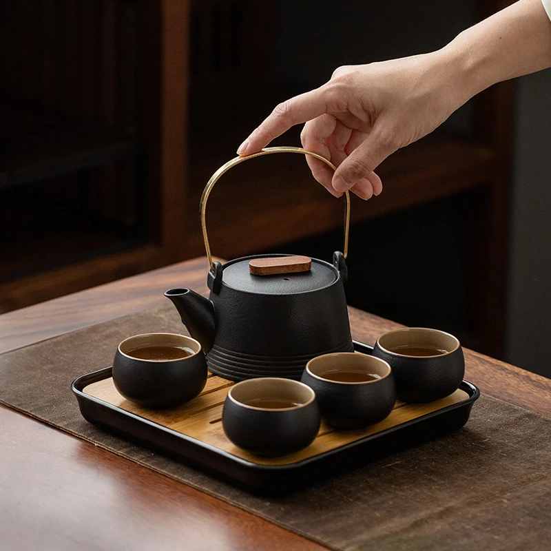 禅风黑陶茶具日式简约提梁茶壶干泡茶盘便携包家用禅意旅行小套装