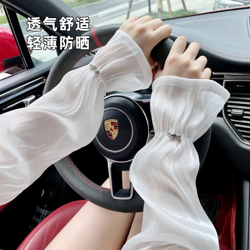 防晒蕾丝网纱冰袖女春夏季户外开车宽松大码透气长款护臂冰丝袖套