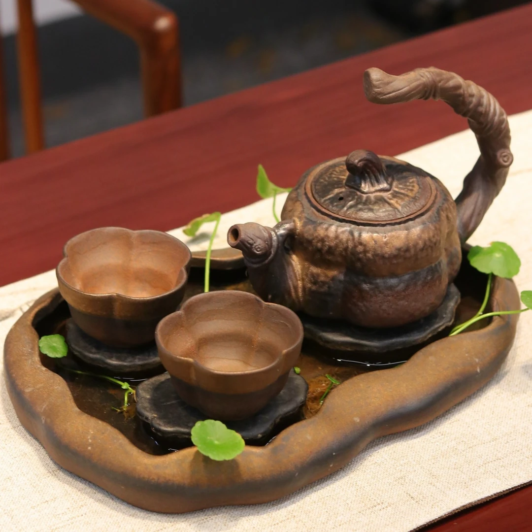 暖小瓷鎏金茶杯粗陶荷塘茶盘家用南瓜主人杯提梁壶陶瓷茶壶茶具