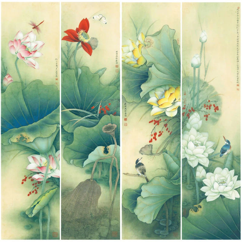 桔舍李晓明工笔画白描底稿荷花四条屏初学者临摹画稿花鸟线稿KA33