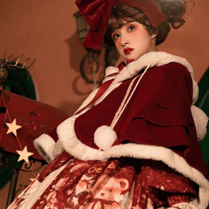 AG原创正版 春节款甜熊礼物屋Lolita百搭冬季斗篷甜美加绒外套厚