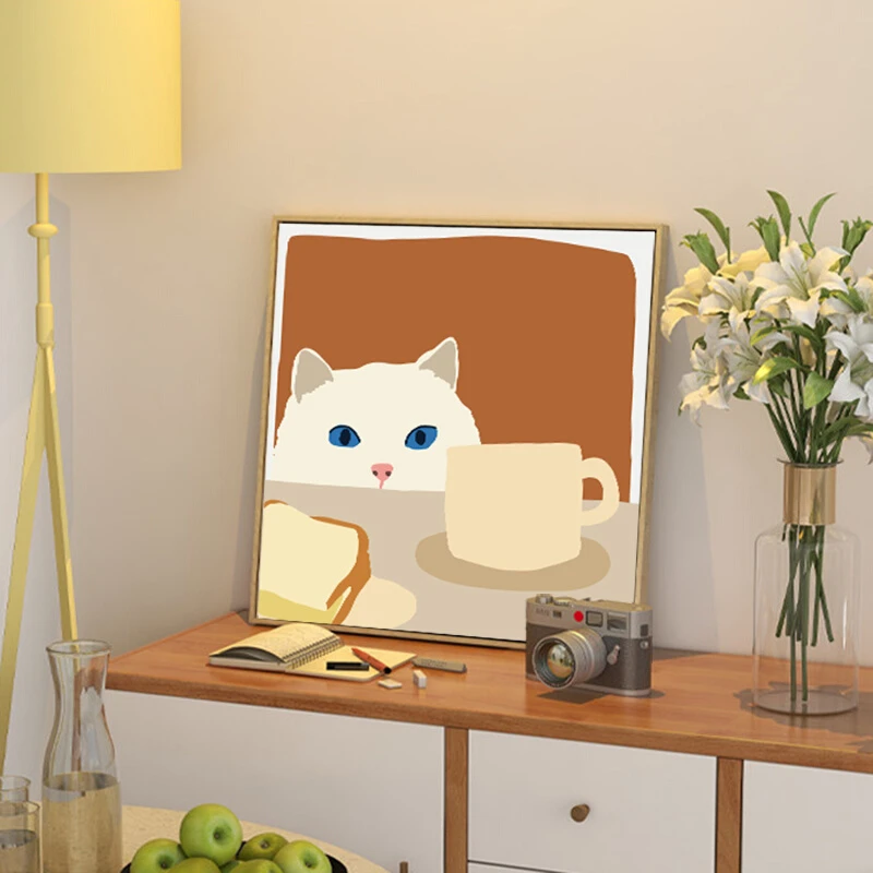 偷喝牛奶的猫咪客厅装饰画儿童房床头挂画餐厅壁画小红书ins风