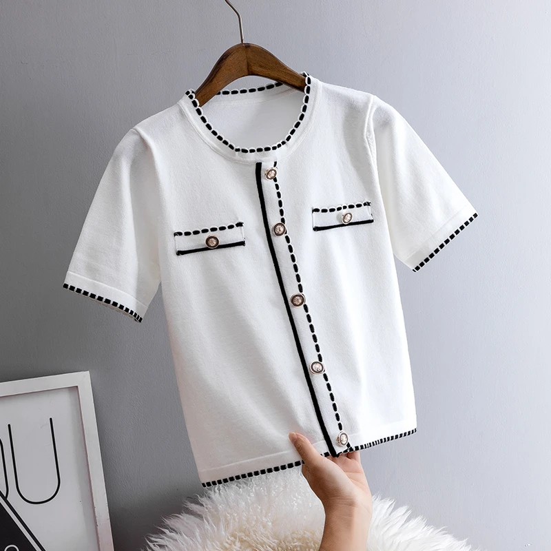 小香风短袖上衣女2022新款夏装白色t恤宽松外套短款圆领冰丝针织