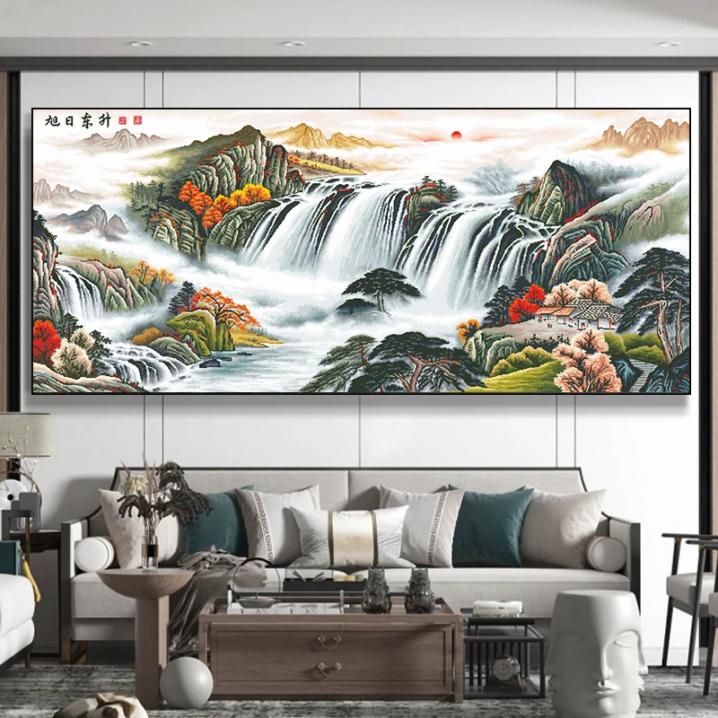 旭日东升十字绣2024新款绣客厅线绣大幅山水画流水生财自己绣手工