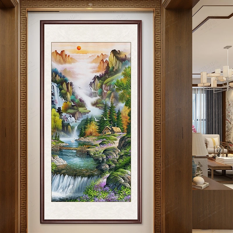 【玄关画】048旭日东升十字绣线绣客厅山水风景大幅现代手工刺绣