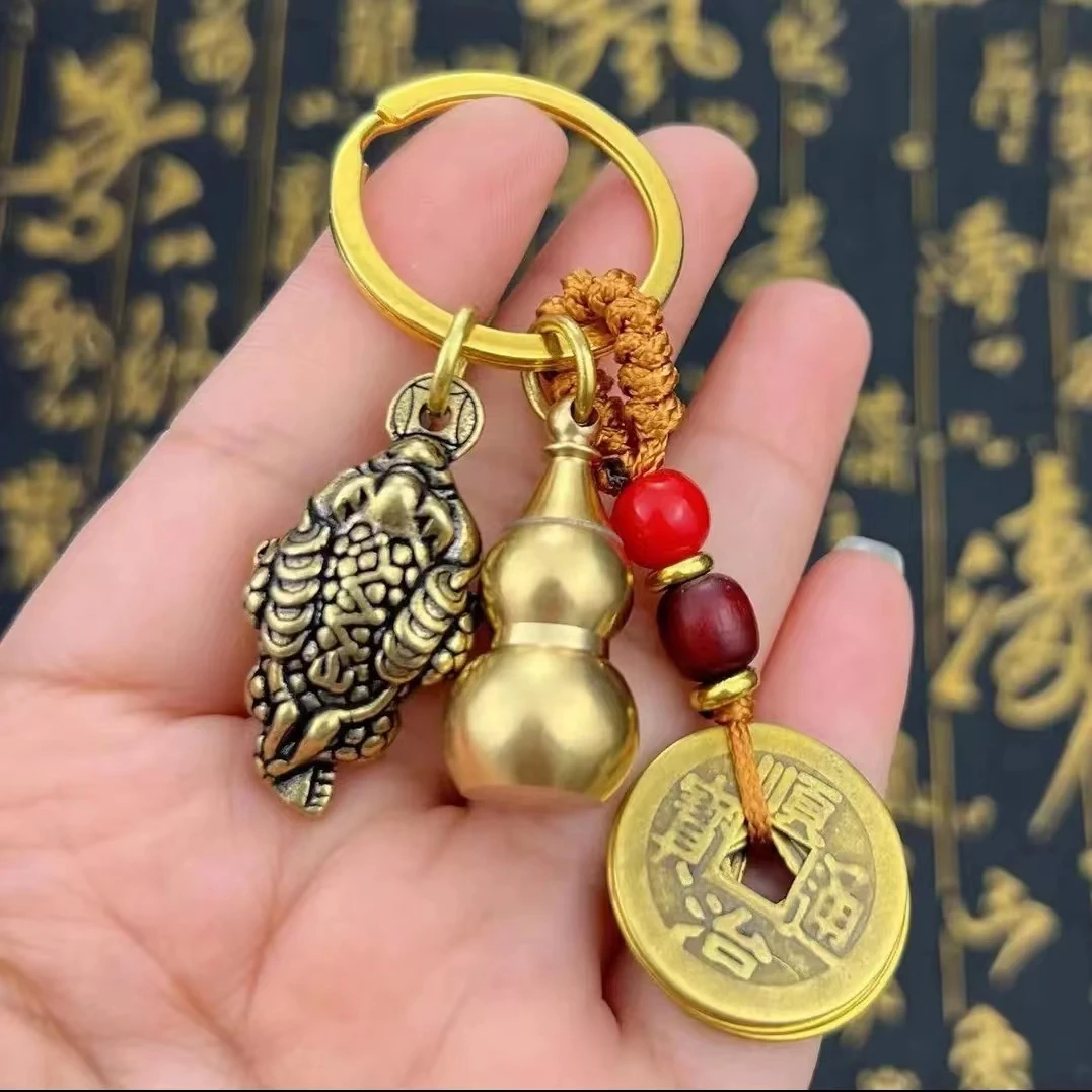 纯黄铜三足金蟾空心小葫芦钥匙扣挂件金蟾创意随身吊坠复古风挂件