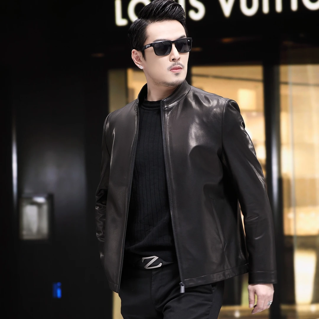 G2113海宁真皮男装 定制金光山羊皮 厅局风立领夹克