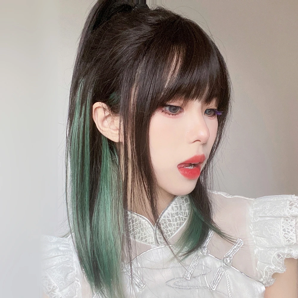 【狼尾鲻鱼头】绿色挑染日系假发女锁骨发高层次帅气潮酷全头套式