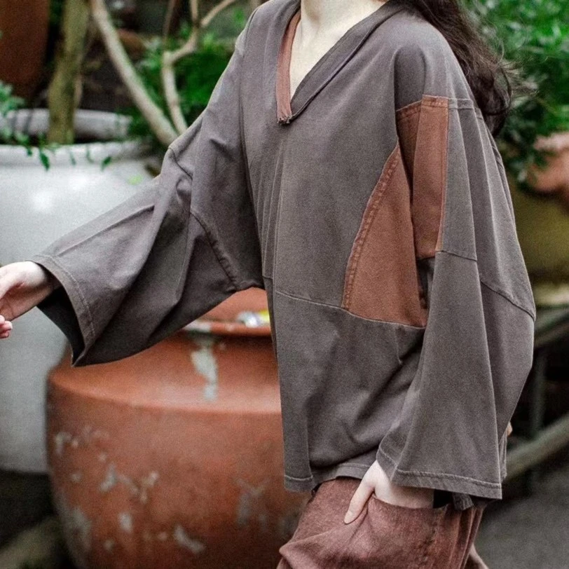 肖肖分享 撞色拼接七分袖T恤 陌上麻韵032