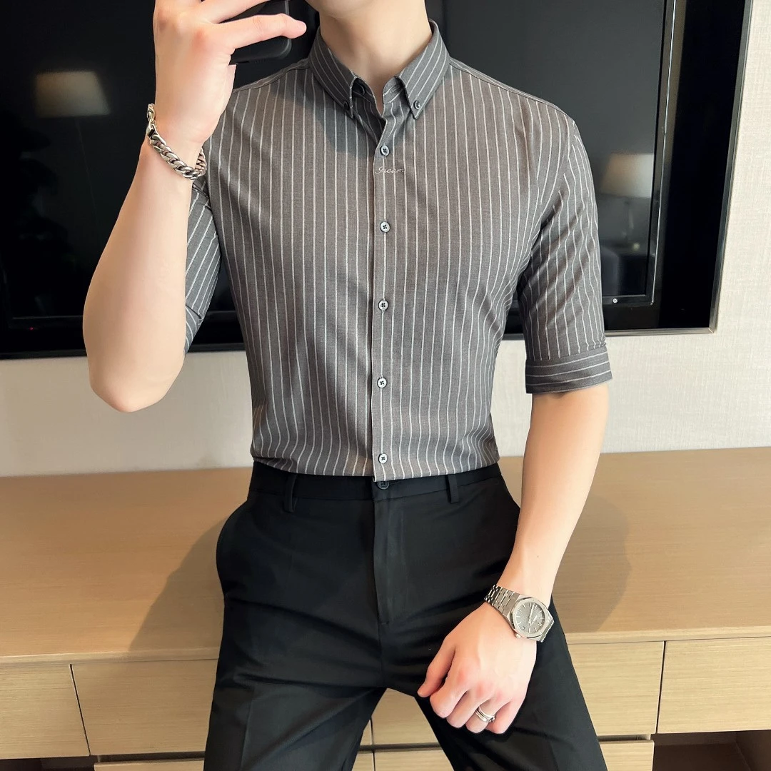 短袖衬衫男夏季 韩版修身中袖休闲衬衣男士五分袖衬衫 男帅气上衣