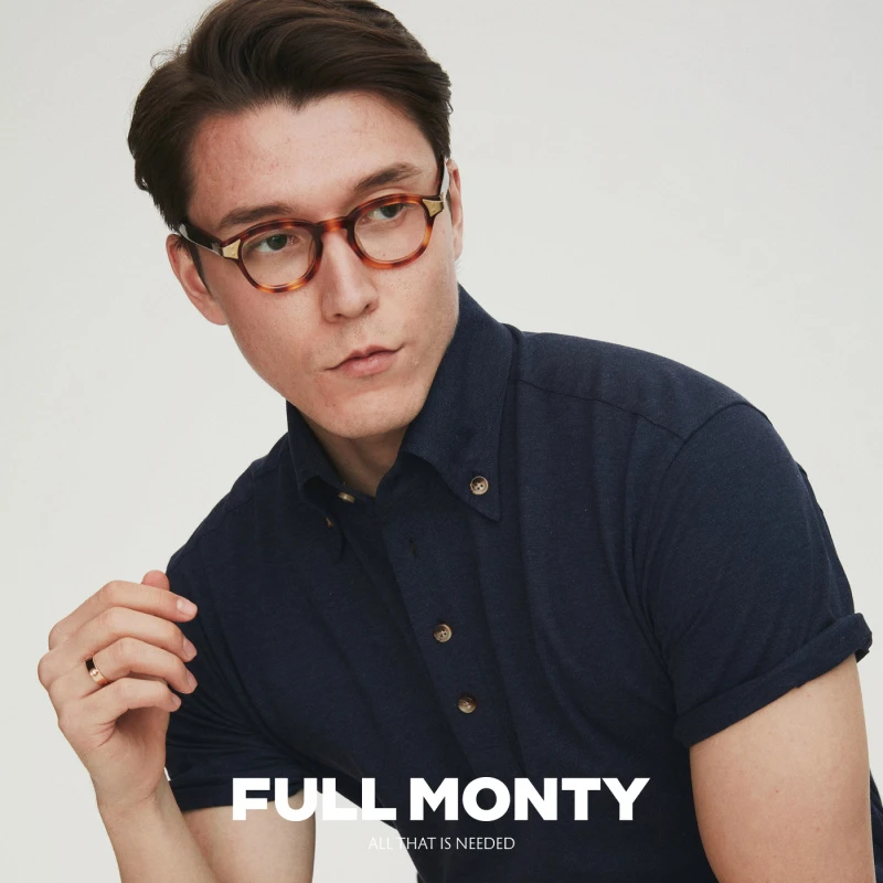 FULL MONTY藏青色钉扣领短袖POLO衫男士商务休闲翻领T恤春夏季