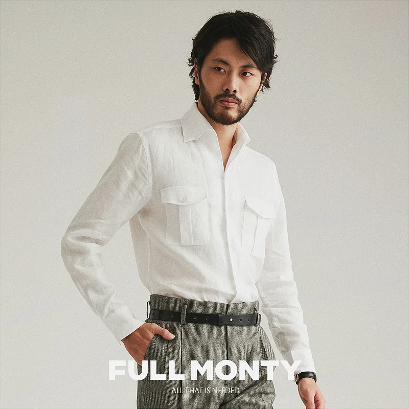 FULL MONTY亚麻白衬衫长袖男士一片领休闲修身春夏季口袋薄款衬衣