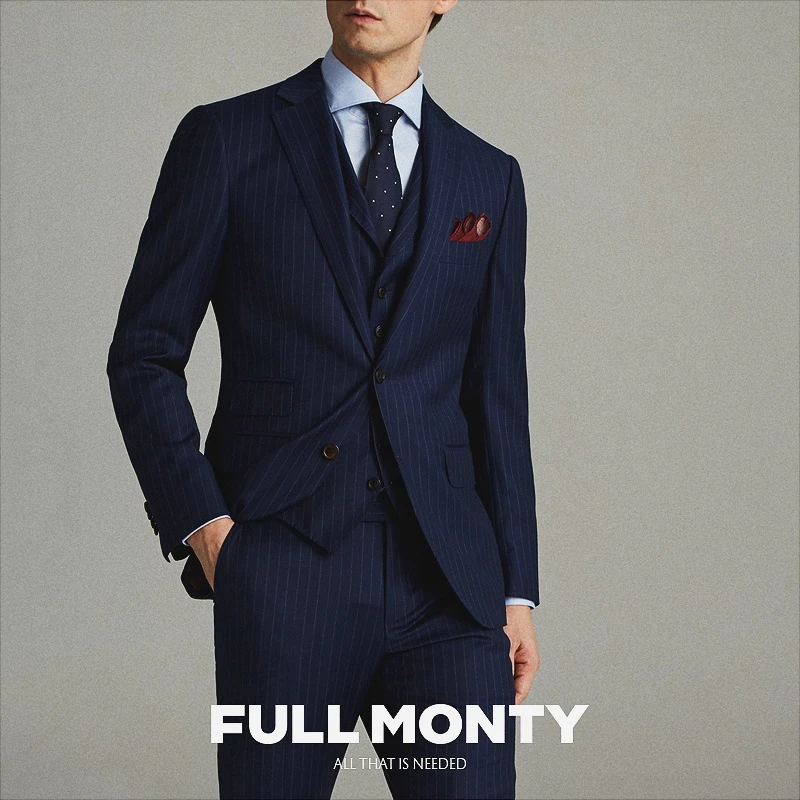 FULL MONTY条纹西服蓝色套装男士磨毛修身正装商务新郎结婚西装春