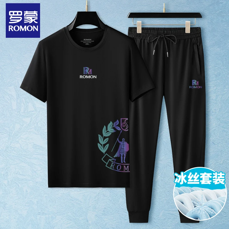 Romon/罗蒙RM1008圆领长裤套装男春夏新款修身百搭圆领套装男装