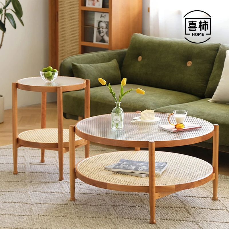 藤编茶几北欧简约小户型客厅圆形玻璃组合日式阳台实木小圆桌