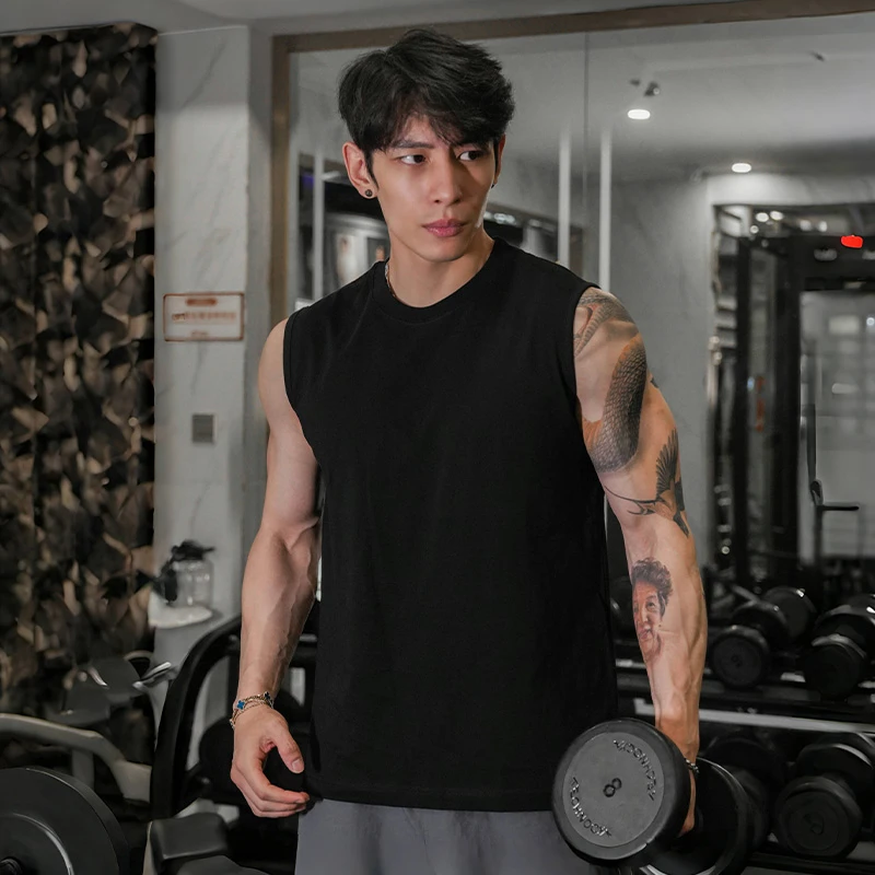 两件装纯棉健身运动无袖背心男宽松夏季纯色内搭白T恤坎肩打底衫