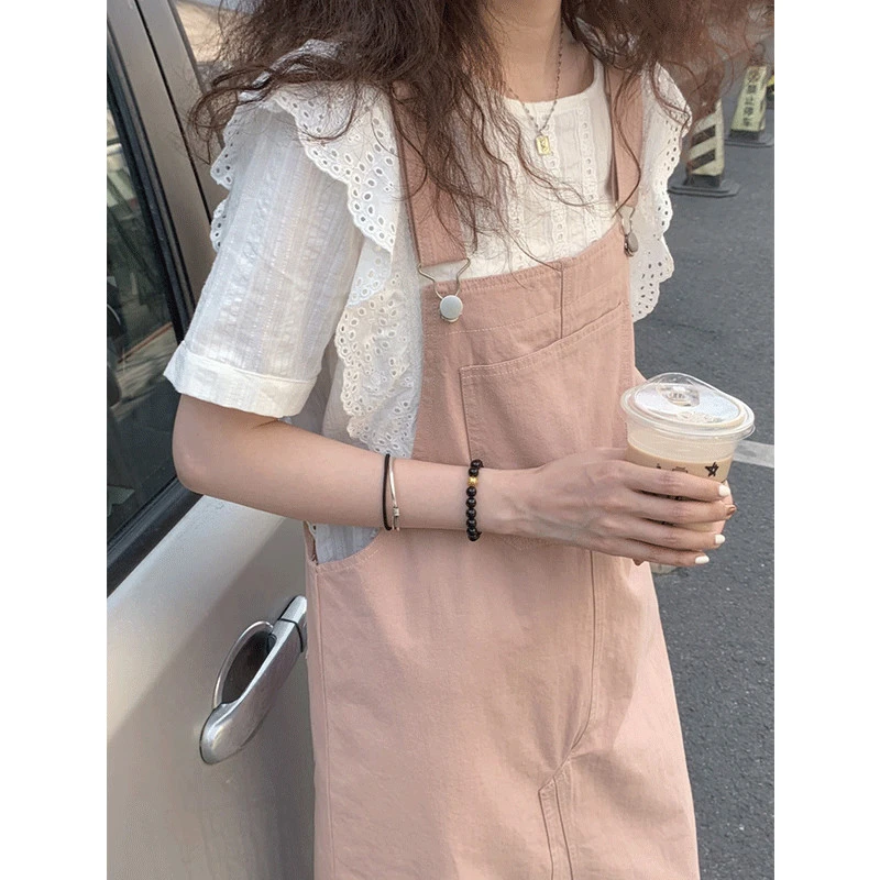 女装粉色牛仔背带裙连衣裙春夏时尚甜美衬衫洋气韩版宽松显瘦穿搭