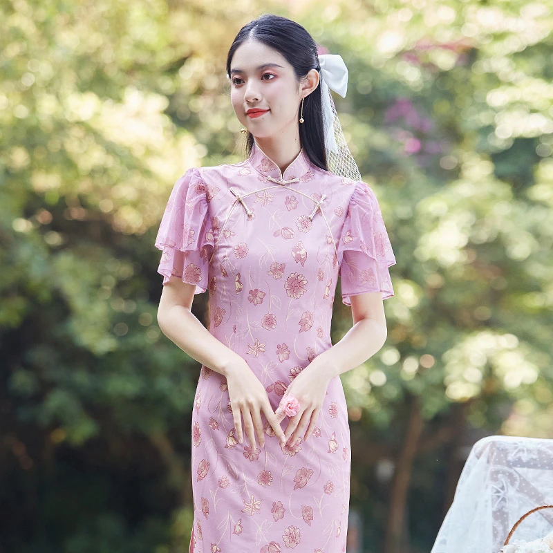 反季清 夏季女年轻改良新款粉色旗袍裙荷叶短袖连衣裙220057