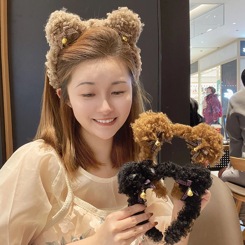 布艺发饰 卖萌可爱泰迪熊耳朵洗脸头箍小熊铃铛发箍发饰
