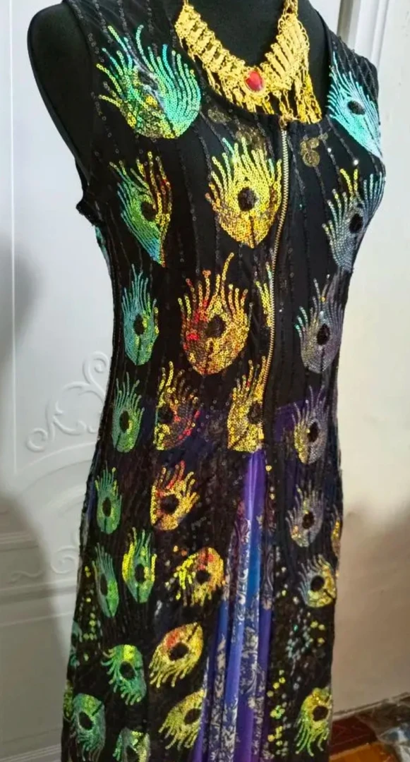 新款凤尾亮片气质长马甲蕾丝连衣裙黑色礼服无袖