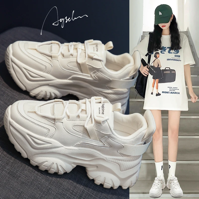 奥古狮登品牌老爹鞋女款2023新款爆款百搭网面厚底休闲增高小白鞋