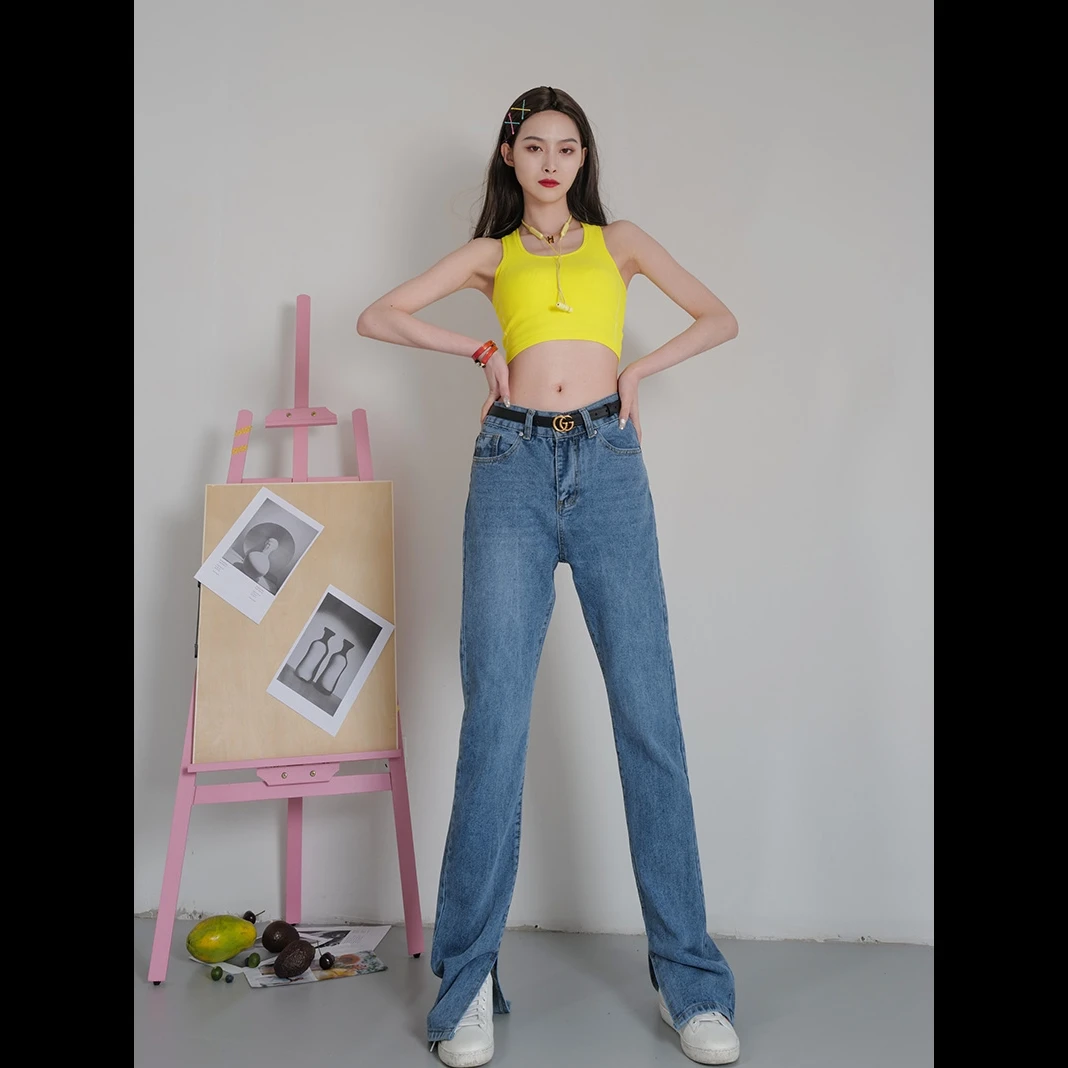 zrde加长CHIC微喇叭开叉牛仔裤复古甜酷巨瘦遮肉女裤高腰2021