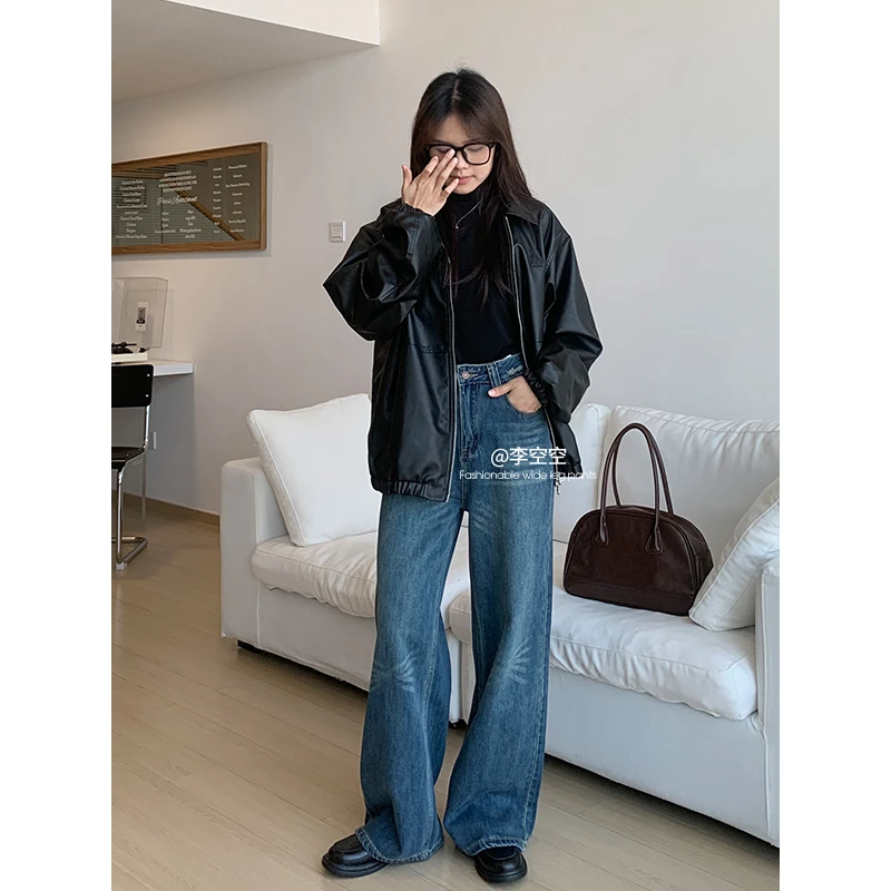 【晨间新闻】复古蓝牛仔裤女春秋季宽松休闲慵懒阔腿裤拖地裤子