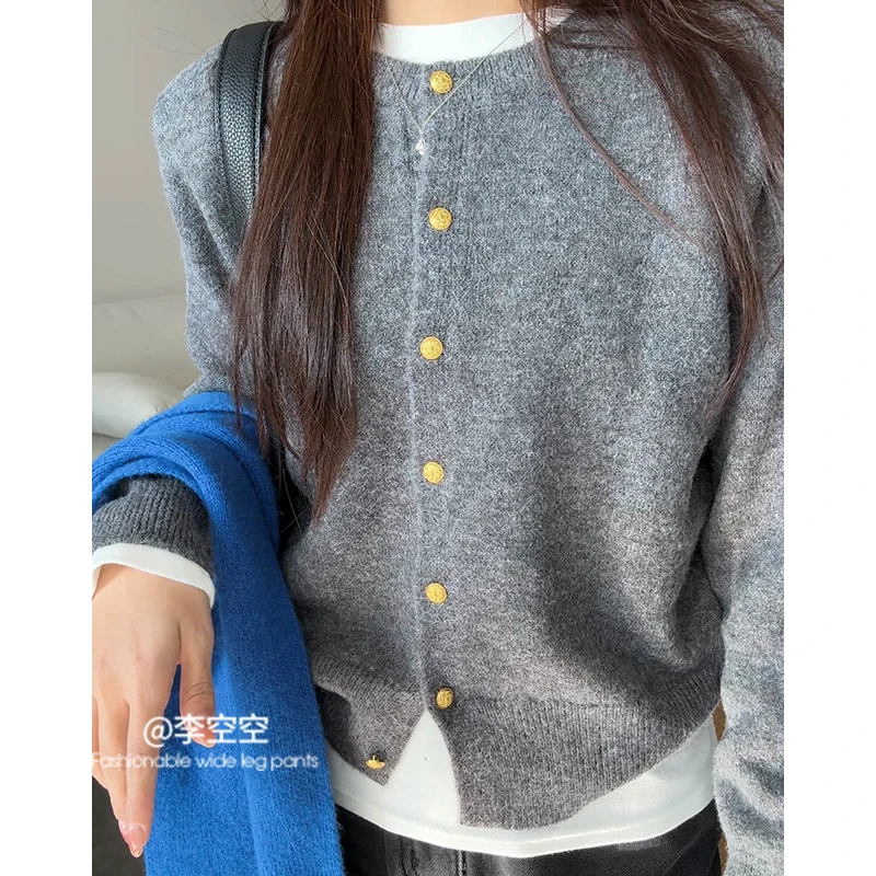 【南韩学姐】高级感针织开衫女春秋季韩版软糯毛衣上衣灰色外套