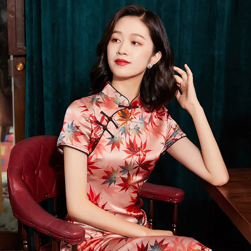 中国风改良旗袍《枫叶》真丝弹力缎桑蚕丝高端款气质夏